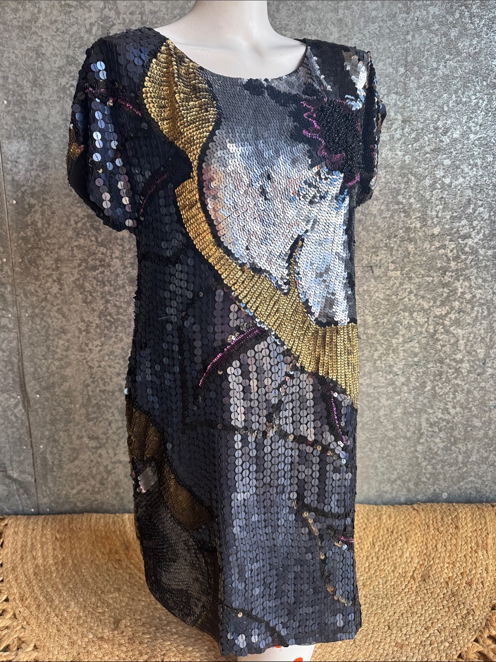 French Connection Black Gold Sequin Midi Dress